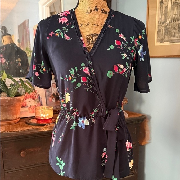 Sienna Sky Tops - Sienna Sky Navy Blue Multicolored Floral Print Faux Wrap Top